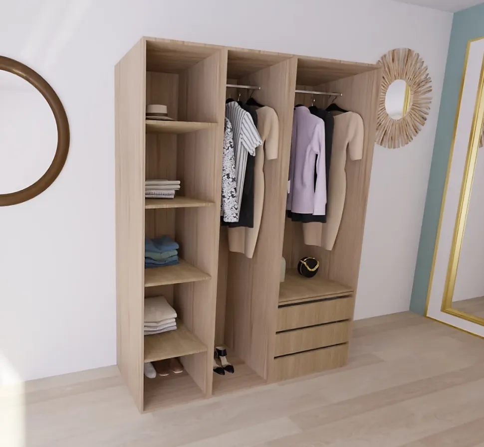 Dressing effet chêne double penderie 3 tiroirs GoodHome Atomia H. 225 x L. 175 x P. 58 cm