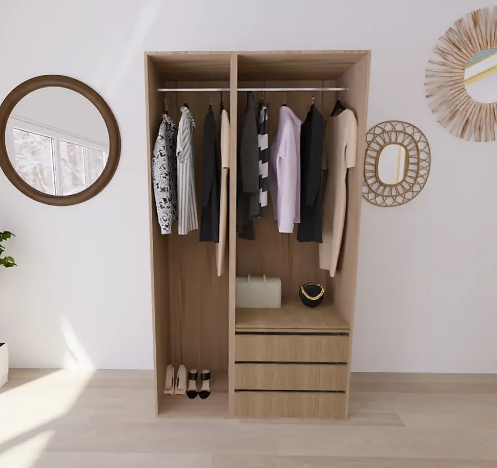 Dressing effet chêne double penderie 3 tiroirs GoodHome Atomia H. 225 x L. 125 x P. 58 cm