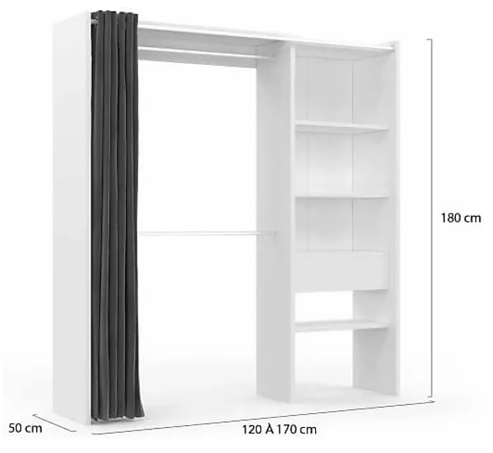 Dressing Extensible 120/170 x 50 x 180 cm Blanc avec étagères + Double penderie + Rideau Gris