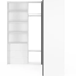 Dressing extensible d'angle MARLON 230 x 140 x 180 cm blanc avec penderies + étagères + rideaux gris