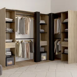 Dressing extensible d'angle MARLON 230 x 140 x 180 cm hêtre avec penderies + étagères + rideaux noirs