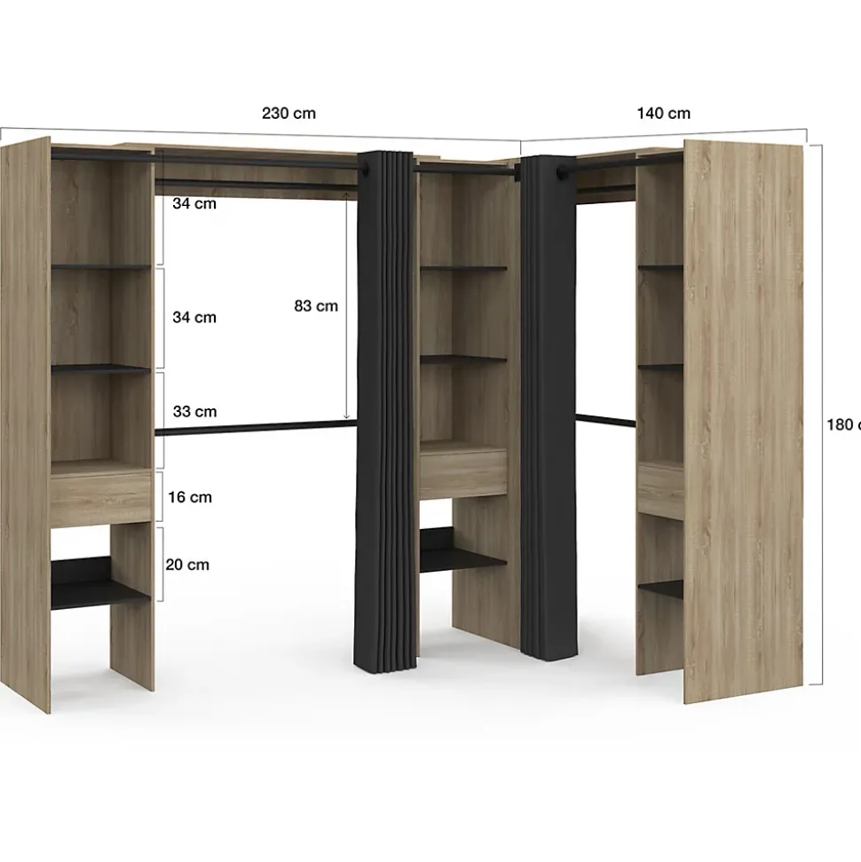 Dressing extensible d'angle MARLON 230 x 140 x 180 cm hêtre avec penderies + étagères + rideaux noirs