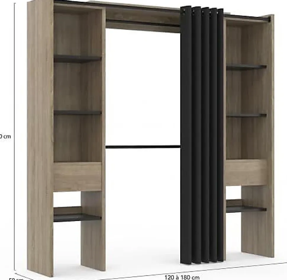 Dressing Extensible Double 120/180 x 50 x 180 cm hêtre avec étagères hêtre + Double penderie + Rideau Noir