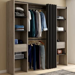 Dressing extensible double MERYL 120/180 x 50 x 180 cm hêtre avec étagères hêtre + double penderie + rideau noir