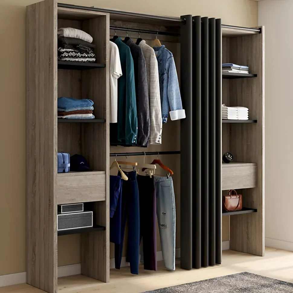 Dressing extensible double MERYL 120/180 x 50 x 180 cm hêtre avec étagères hêtre + double penderie + rideau noir