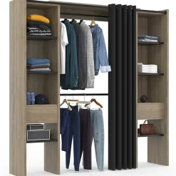 Dressing extensible double MERYL 120/180 x 50 x 180 cm hêtre avec étagères hêtre + double penderie + rideau noir