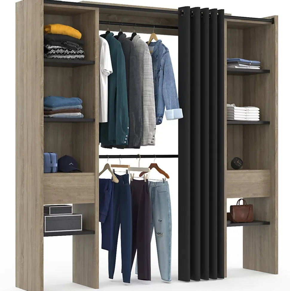 Dressing extensible double MERYL 120/180 x 50 x 180 cm hêtre avec étagères hêtre + double penderie + rideau noir