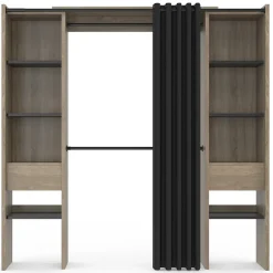 Dressing extensible double MERYL 120/180 x 50 x 180 cm hêtre avec étagères hêtre + double penderie + rideau noir