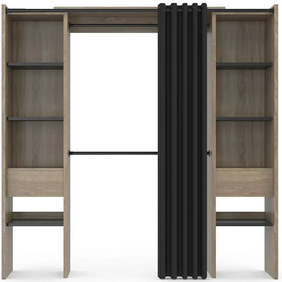 Dressing extensible double MERYL 120/180 x 50 x 180 cm hêtre avec étagères hêtre + double penderie + rideau noir