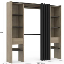 Dressing extensible double MERYL 120/180 x 50 x 180 cm hêtre avec étagères hêtre + double penderie + rideau noir