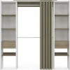 Dressing extensible double MERYL 120/180 x 50 x 180 cm blanc avec étagères hêtre + double penderie + rideau taupe