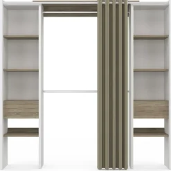 Dressing extensible double MERYL 120/180 x 50 x 180 cm blanc avec étagères hêtre + double penderie + rideau taupe