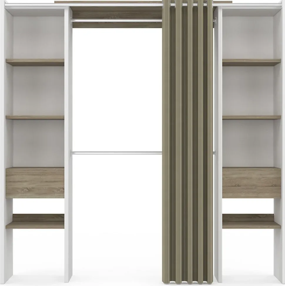 Dressing extensible double MERYL 120/180 x 50 x 180 cm blanc avec étagères hêtre + double penderie + rideau taupe