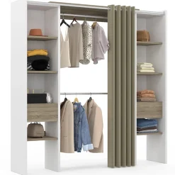 Dressing extensible double MERYL 120/180 x 50 x 180 cm blanc avec étagères hêtre + double penderie + rideau taupe