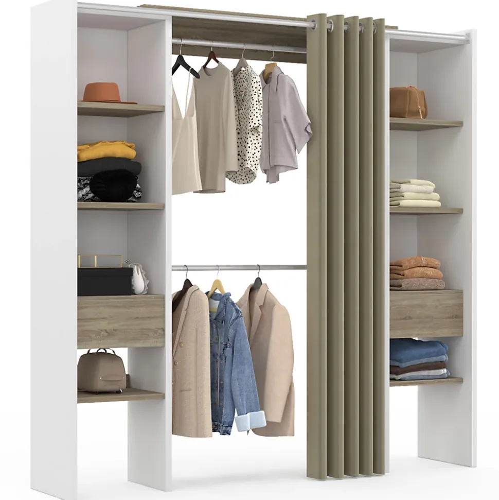 Dressing extensible double MERYL 120/180 x 50 x 180 cm blanc avec étagères hêtre + double penderie + rideau taupe