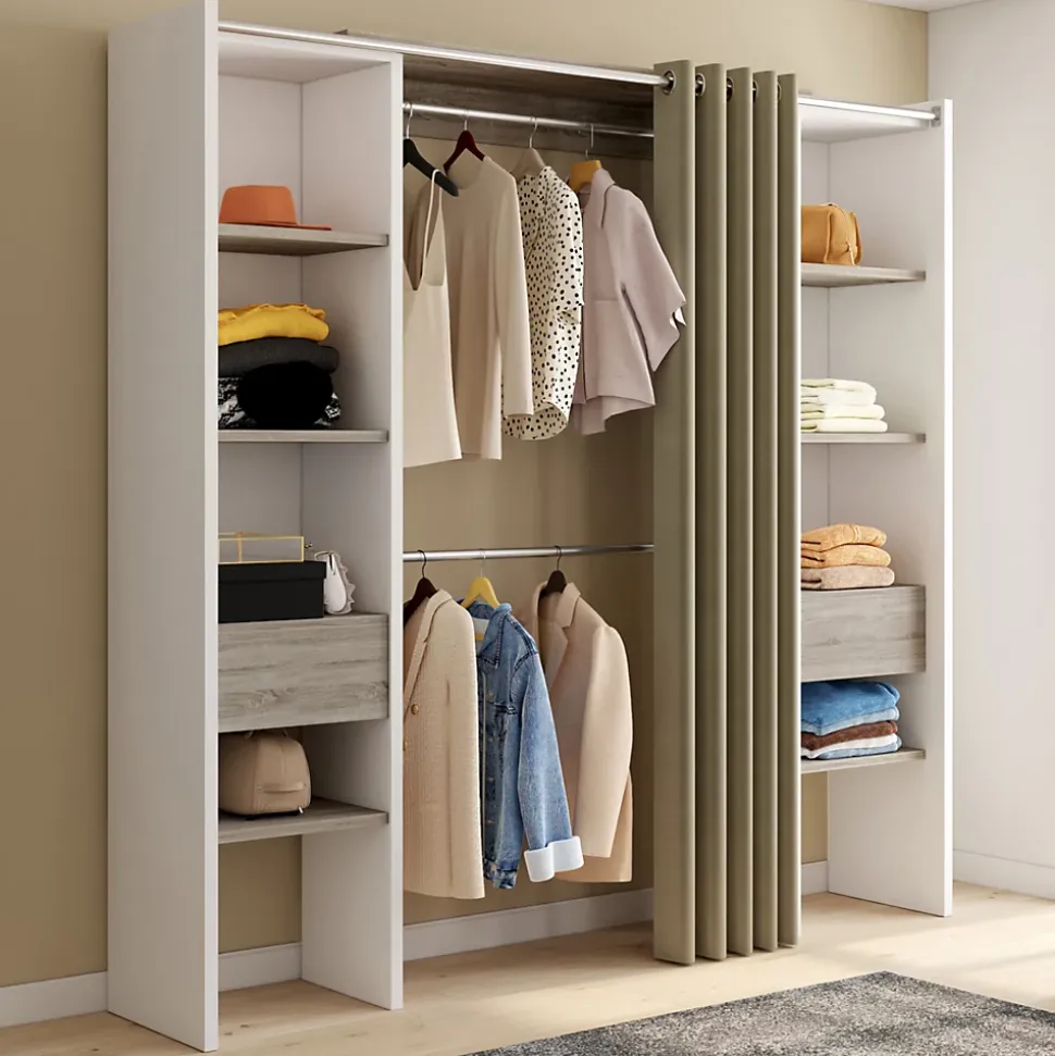 Dressing extensible double MERYL 120/180 x 50 x 180 cm blanc avec étagères hêtre + double penderie + rideau taupe
