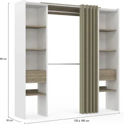 Dressing extensible double MERYL 120/180 x 50 x 180 cm blanc avec étagères hêtre + double penderie + rideau taupe