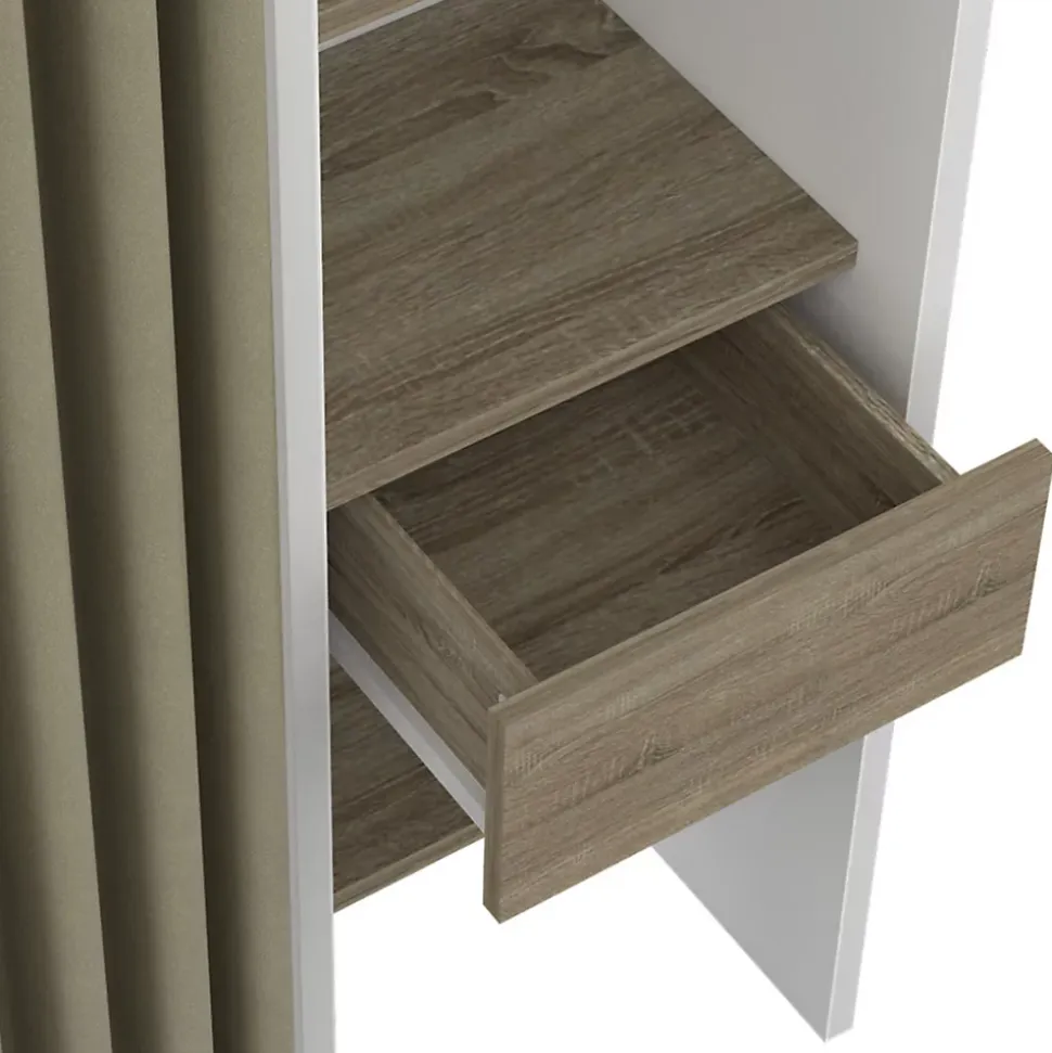Dressing extensible double MERYL 120/180 x 50 x 180 cm blanc avec étagères hêtre + double penderie + rideau taupe
