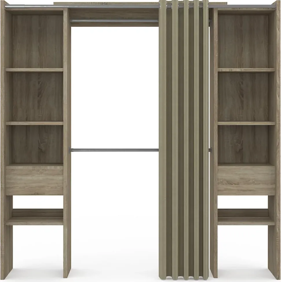 Dressing extensible double MERYL 120/180 x 50 x 180 cm hêtre avec étagères + double penderie + rideau taupe