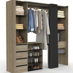 Dressing extensible double XXL MERYL 120/180 cm hêtre avec tiroirs + étagères + penderie + rideau noir