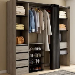 Dressing extensible double XXL MERYL 120/180 cm hêtre avec tiroirs + étagères + penderie + rideau noir