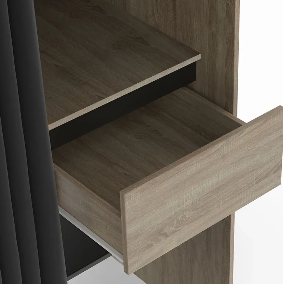 Dressing extensible double XXL MERYL 120/180 cm hêtre avec tiroirs + étagères + penderie + rideau noir