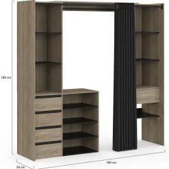 Dressing extensible double XXL MERYL 120/180 cm hêtre avec tiroirs + étagères + penderie + rideau noir