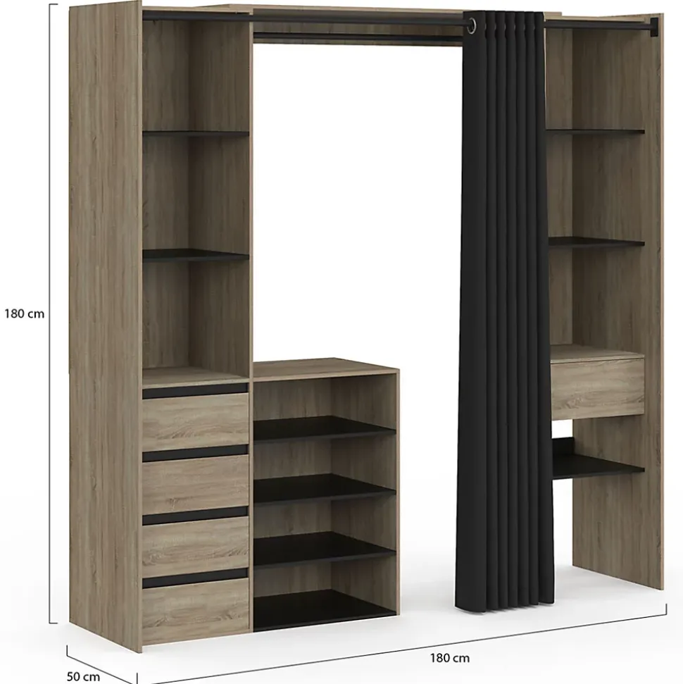 Dressing extensible double XXL MERYL 120/180 cm hêtre avec tiroirs + étagères + penderie + rideau noir