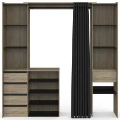Dressing extensible double XXL MERYL 120/180 cm hêtre avec tiroirs + étagères + penderie + rideau noir