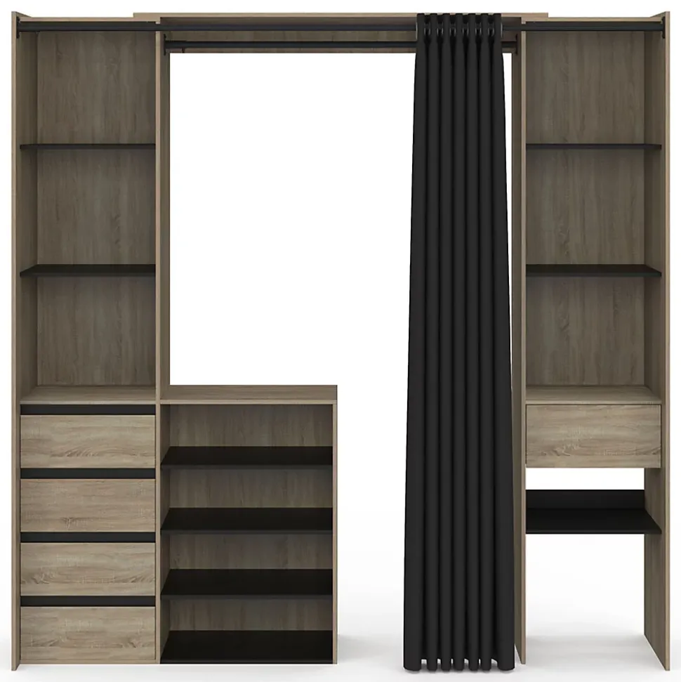 Dressing extensible double XXL MERYL 120/180 cm hêtre avec tiroirs + étagères + penderie + rideau noir