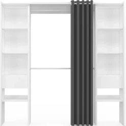Dressing extensible double MERYL 120/180 x 50 x 180 cm blanc avec étagères + double penderie + rideau gris