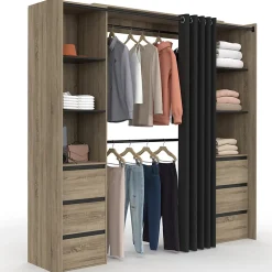 Dressing extensible double MERYL 120/180 cm hêtre avec 6 tiroirs + étagères + double penderie + rideau noir