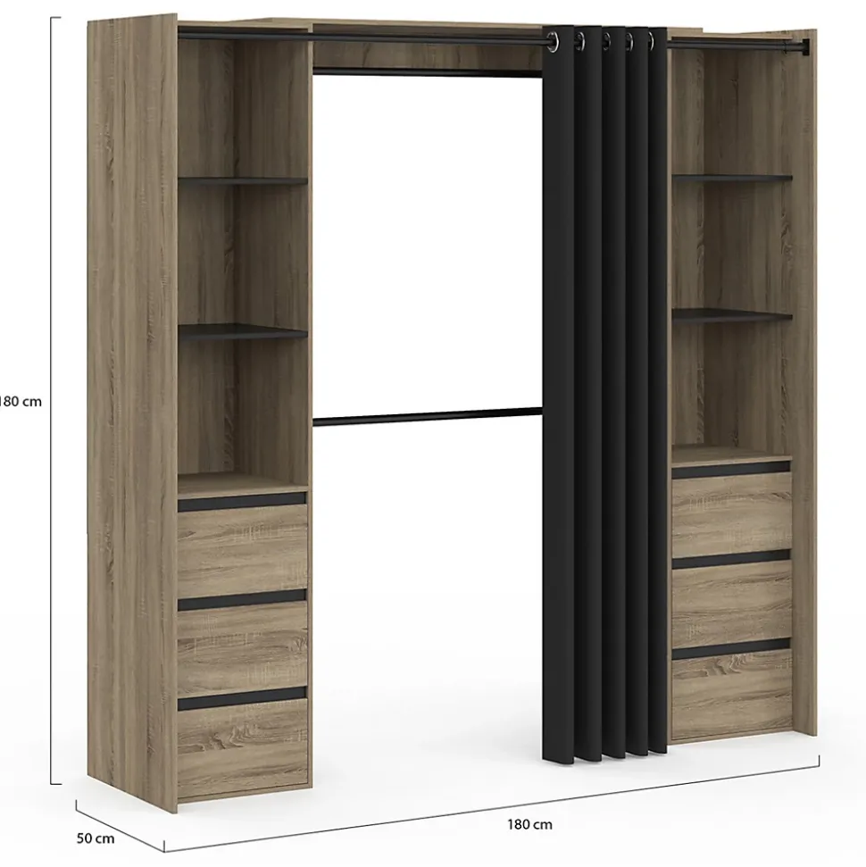 Dressing extensible double MERYL 120/180 cm hêtre avec 6 tiroirs + étagères + double penderie + rideau noir