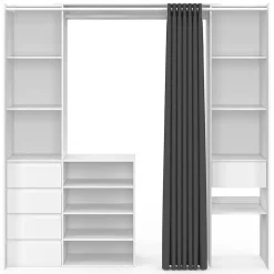 Dressing extensible double XXL MERYL 120/180 cm blanc avec tiroirs + étagères + penderie + rideau gris