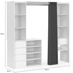 Dressing extensible double XXL MERYL 120/180 cm blanc avec tiroirs + étagères + penderie + rideau gris