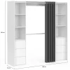 Dressing extensible double MERYL 120/180 cm blanc avec 6 tiroirs + étagères + double penderie + rideau gris