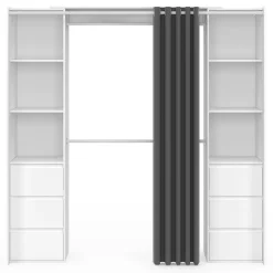 Dressing extensible double MERYL 120/180 cm blanc avec 6 tiroirs + étagères + double penderie + rideau gris