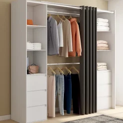Dressing extensible double MERYL 120/180 cm blanc avec 6 tiroirs + étagères + double penderie + rideau gris