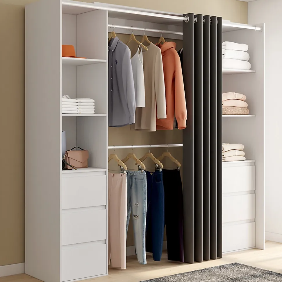 Dressing extensible double MERYL 120/180 cm blanc avec 6 tiroirs + étagères + double penderie + rideau gris
