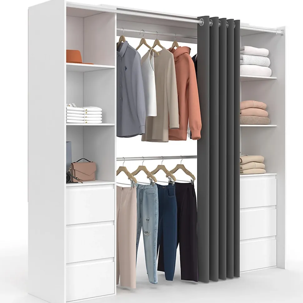Dressing extensible double MERYL 120/180 cm blanc avec 6 tiroirs + étagères + double penderie + rideau gris