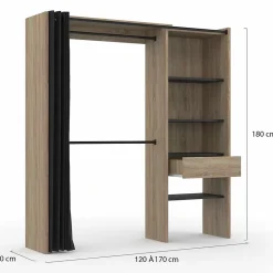 Dressing extensible MARTY 120/170 x 50 x 180 cm hêtre avec étagères + double penderie + rideau noir