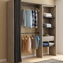 Dressing extensible MARTY 120/170 x 50 x 180 cm hêtre avec étagères + double penderie + rideau noir