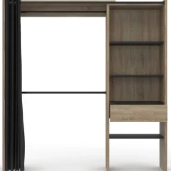Dressing extensible MARTY 120/170 x 50 x 180 cm hêtre avec étagères + double penderie + rideau noir