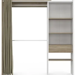 Dressing extensible MARTY 120/170 x 50 x 180 cm blanc avec étagères hêtre + double penderie + rideau taupe