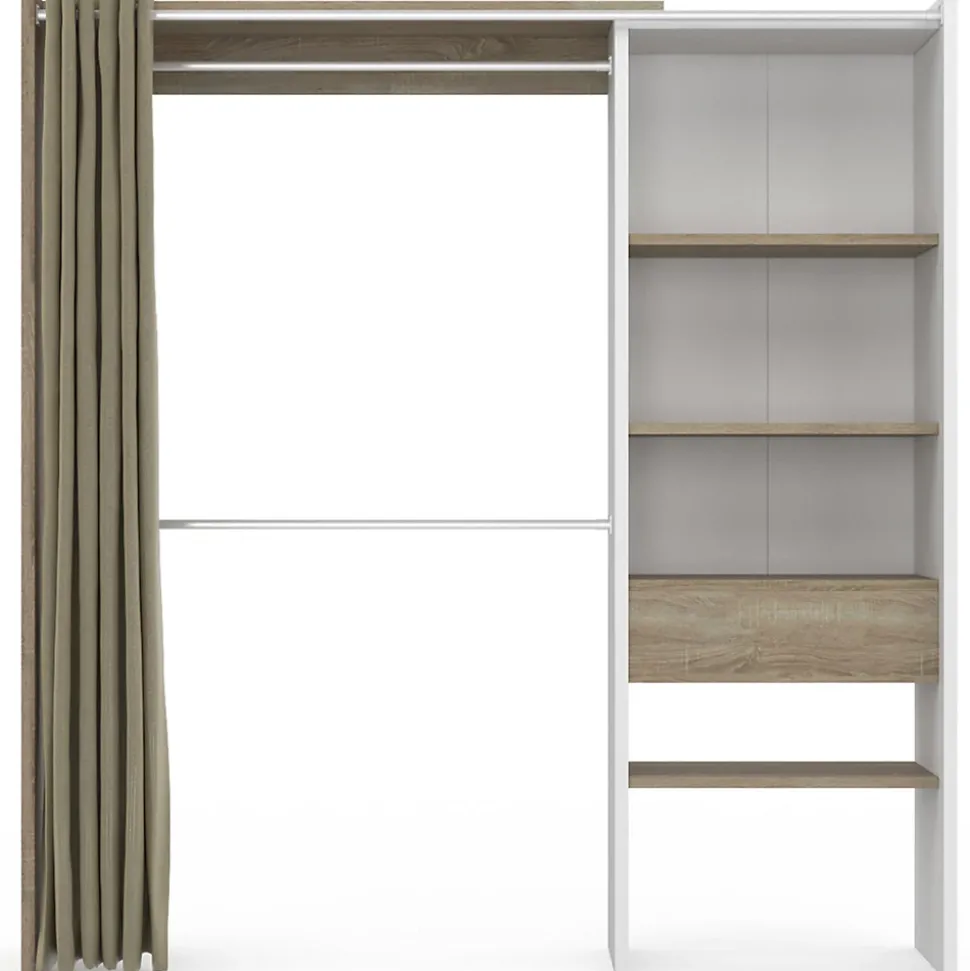 Dressing extensible MARTY 120/170 x 50 x 180 cm blanc avec étagères hêtre + double penderie + rideau taupe