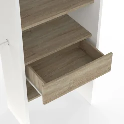 Dressing extensible MARTY 120/170 x 50 x 180 cm blanc avec étagères hêtre + double penderie + rideau taupe