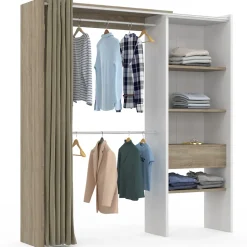 Dressing extensible MARTY 120/170 x 50 x 180 cm blanc avec étagères hêtre + double penderie + rideau taupe