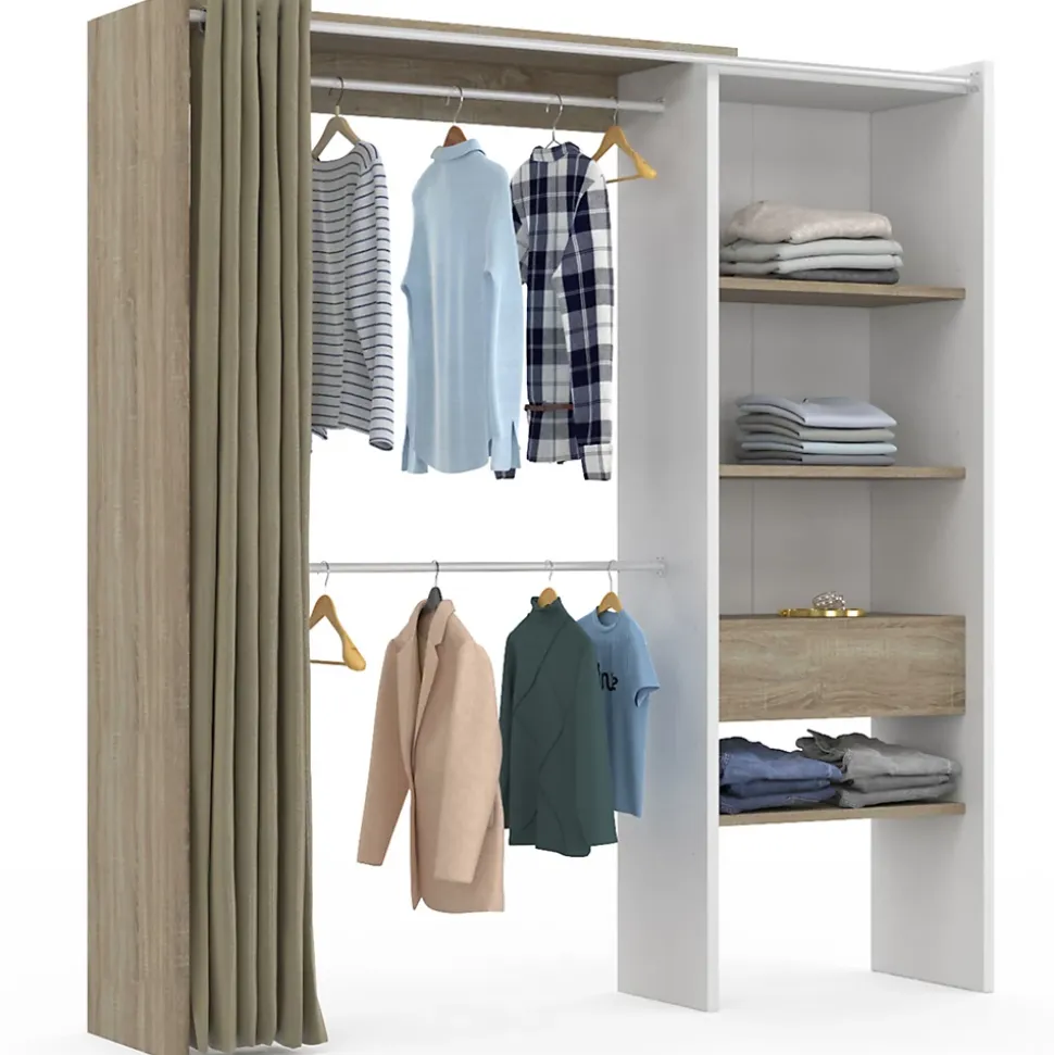Dressing extensible MARTY 120/170 x 50 x 180 cm blanc avec étagères hêtre + double penderie + rideau taupe