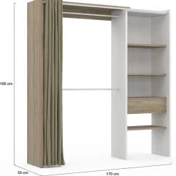 Dressing extensible MARTY 120/170 x 50 x 180 cm blanc avec étagères hêtre + double penderie + rideau taupe