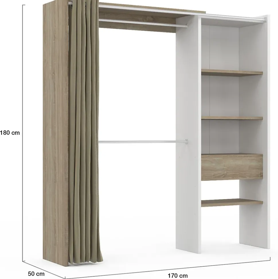 Dressing extensible MARTY 120/170 x 50 x 180 cm blanc avec étagères hêtre + double penderie + rideau taupe